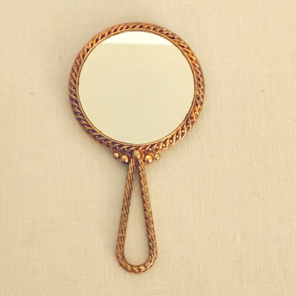 Antique Gold Hand Mirror Small Embroidered Rose Design Early 1900s Heirloom Vani - Picture 5 of 10